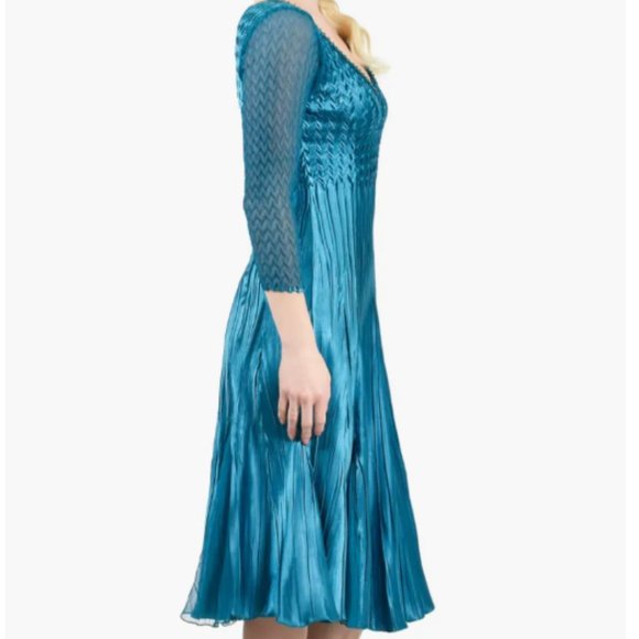 KOMAROV BEADED V-NECK CHIFFON & CHARMEUSE PEACOCK DRESS sz M - Picture 2 of 3